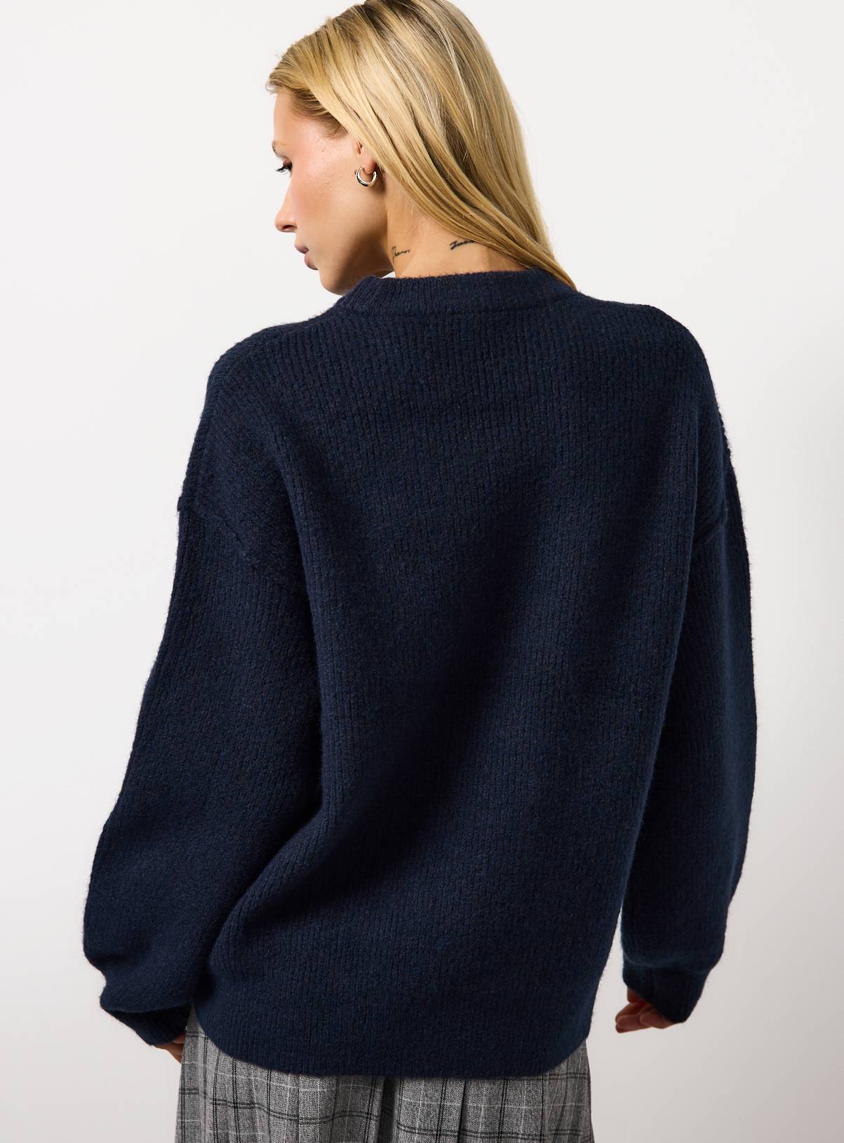 Navy Ribbed Fisherman Crew Neck Jumper M - Image 4